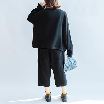 black big pockets two pieces knit tops with sweat pant oversize casual sport suit