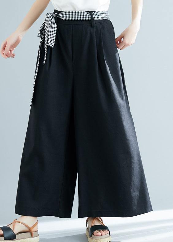 black cotton blended wide leg pants tie waist casual trousers