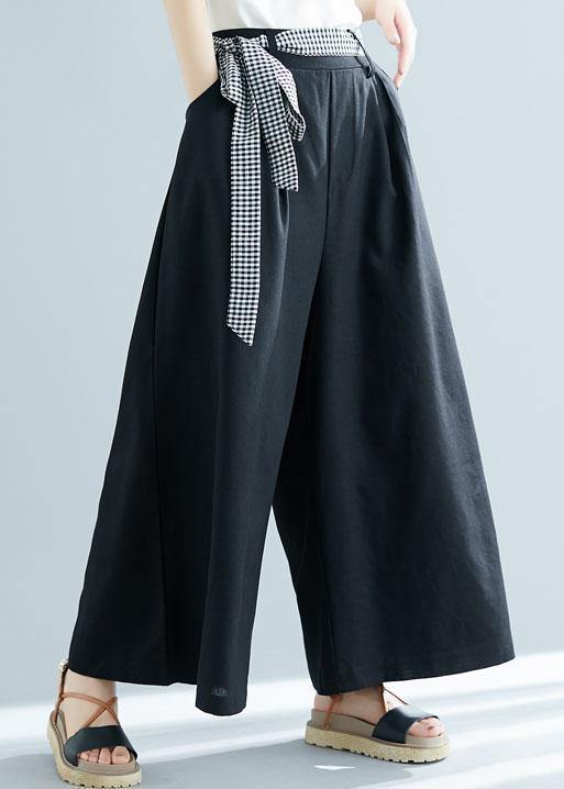 black cotton blended wide leg pants tie waist casual trousers