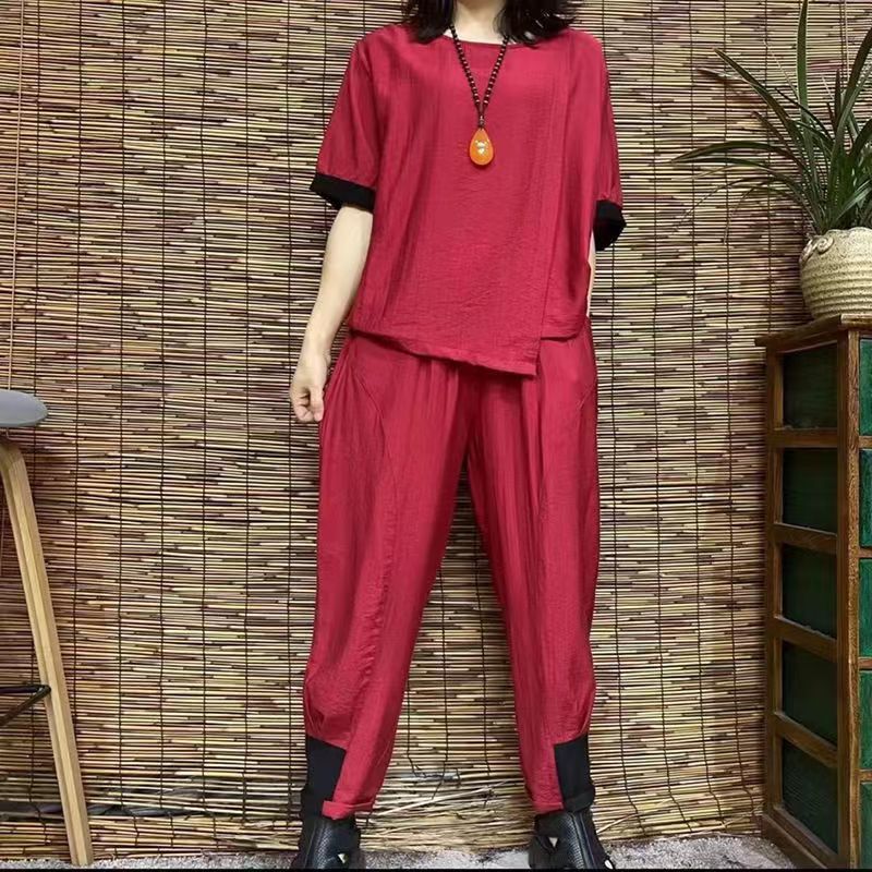 blackish green casual cotton low high design tops and elastic waist pants suit