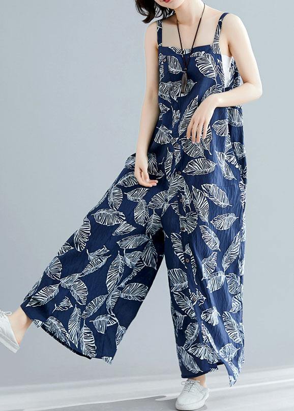 blue prints summer asymmetric button jumpsuit pants plus size cotton carpenter pants