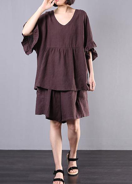 chocolate cotton linen v neck ruffles tops and women casual shorts two pieces