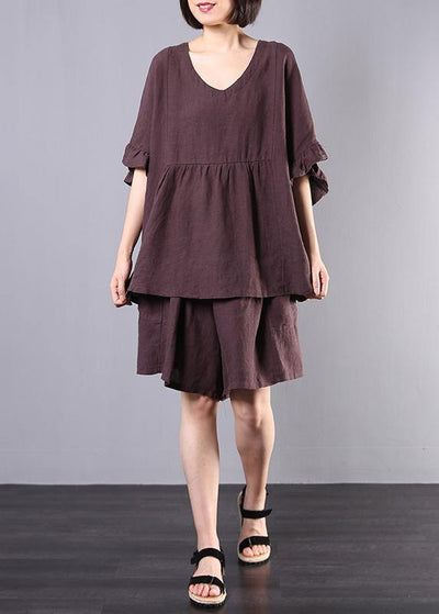 chocolate cotton linen v neck ruffles tops and women casual shorts two pieces