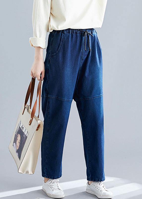 denim blue vintage women pants elastic waist patchwork trousers