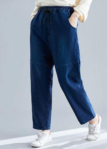 denim blue vintage women pants elastic waist patchwork trousers