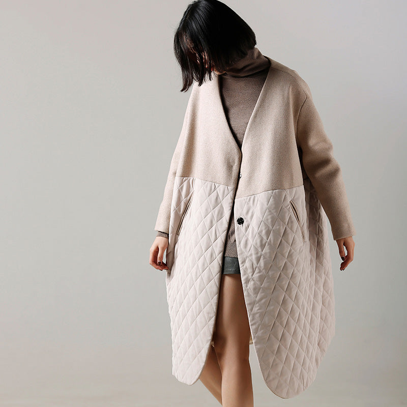 fashion beige Woolen Coat medium length patchwork v neck coat