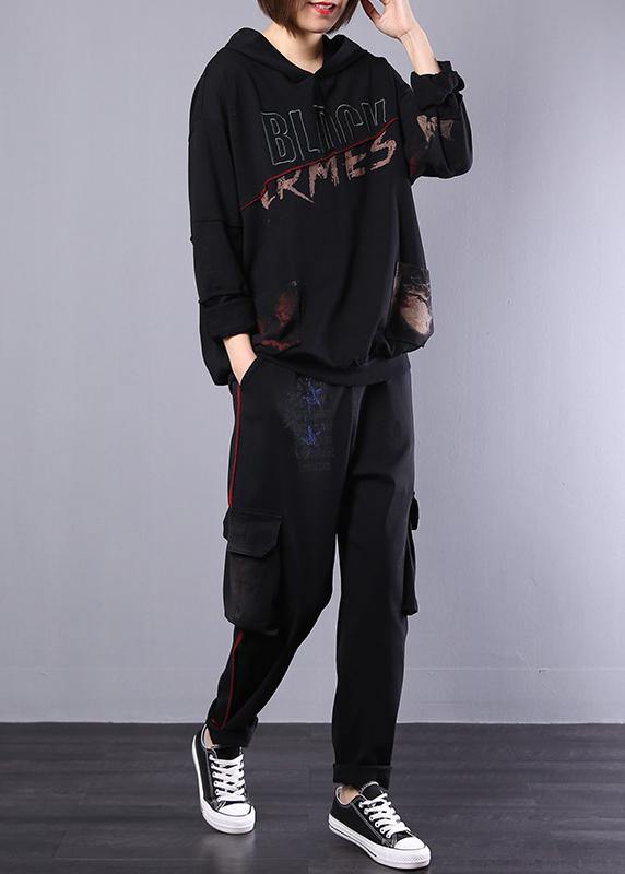 new fall black cotton sport suit women fashion loose hoode clothes