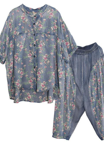 new loose small floral Cinched tops denim two pieces