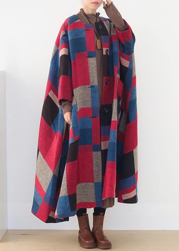 oversized maxi coat winter cashmere Coatred plaid fashion woolen outwear