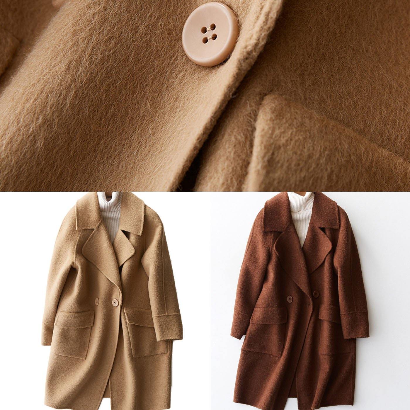 vintage beige Woolen Coat Women plus size medium length jackets big pockets woolen outwear lapel collar