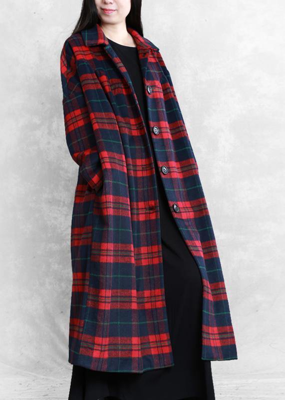 vintage plus size Winter coat woolen outwear red plaid Notched pockets wool overcoat