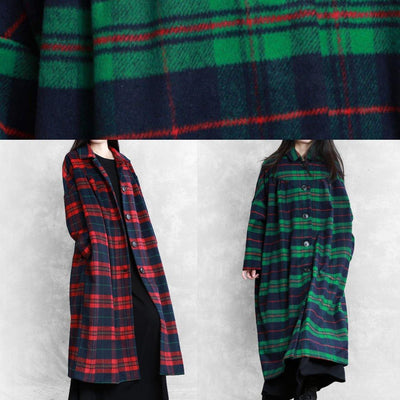vintage plus size Winter coat woolen outwear red plaid Notched pockets wool overcoat