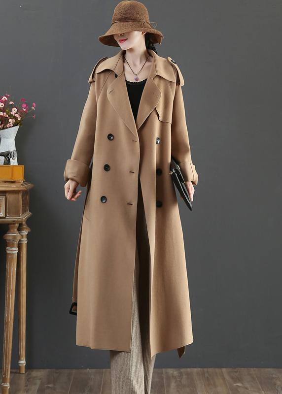 vintage plus size clothing long winter woolen outwear brown lapel double breast wool coat for woman