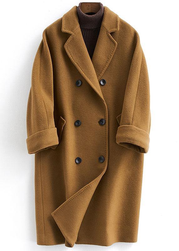 vintage plus size long double breast coats brown Notched woolen outwear