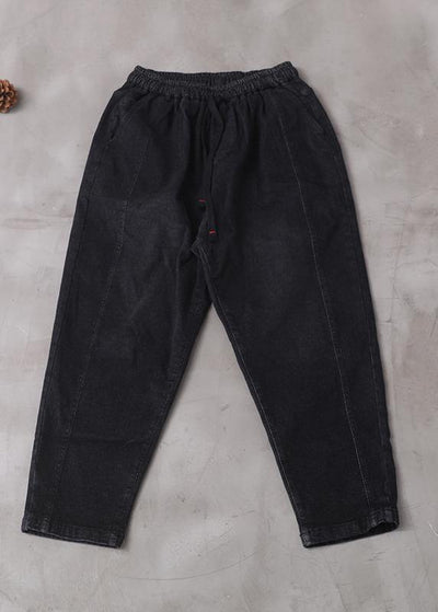winter new denim black loose pants drawstring thick women trousers