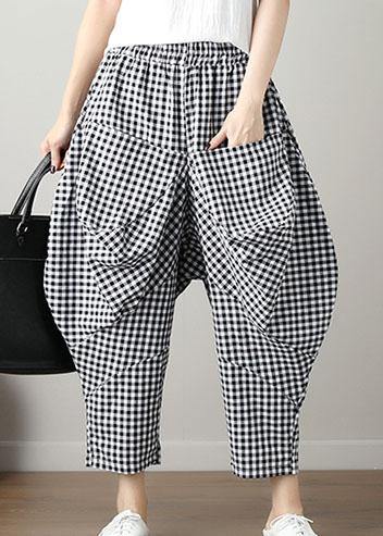 women black plaid casual cotton pants plus size big pockets crop pants