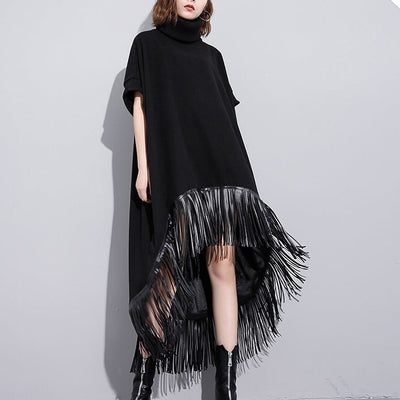women black wool polyester dresses plus size low high design clothing dress Fine tassel maxi dresses