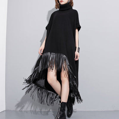 women black wool polyester dresses plus size low high design clothing dress Fine tassel maxi dresses