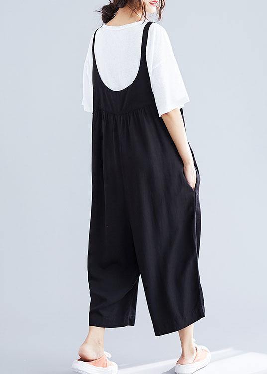 women casual cotton black jumpsuit plus size loose straps wide leg pants