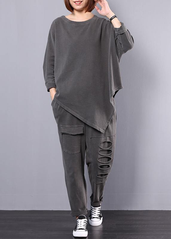 women cotton gray asymmetric tops and big pockets sport pants two pieces