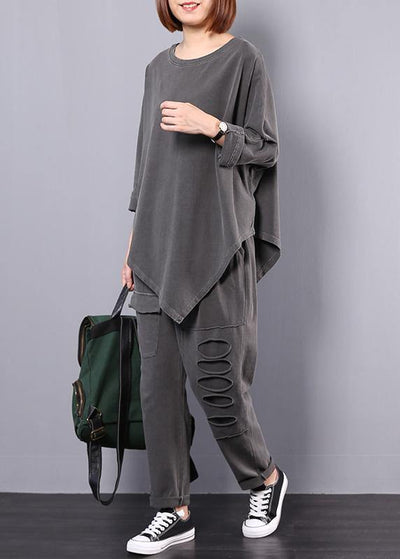 women cotton gray asymmetric tops and big pockets sport pants two pieces