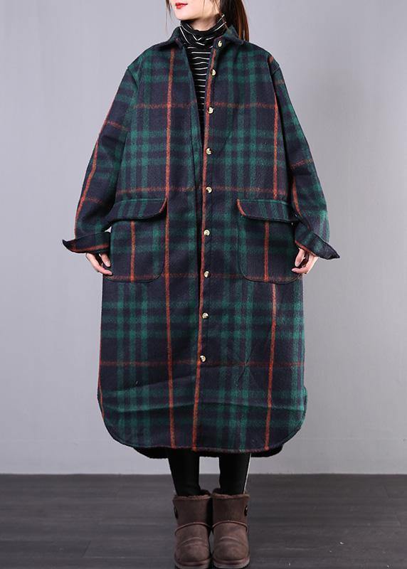 women green plaid wool overcoat plus size clothing Winter coat lapel pockets coats